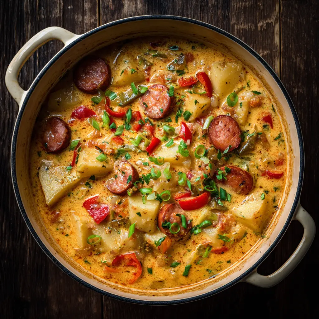 An overhead shot of creamy Cajun potato soup in a rustic bowl. The soup's rich texture is visible, along with chunks of potato and sausage.