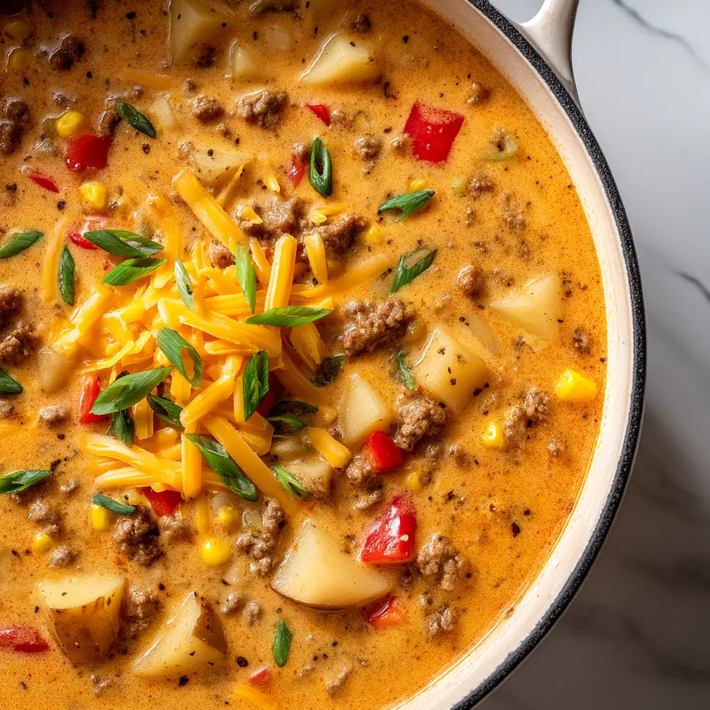A top-down view of a thick and creamy cheeseburger soup in a rustic bowl, garnished with fresh toppings.