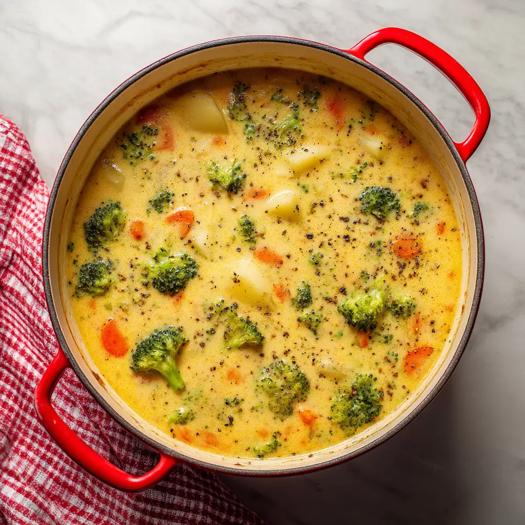 A bright, professional photograph of creamy Cheesy Broccoli Potato Soup in a rustic bowl, highlighting the tender broccoli and potato chunks in a rich cheese sauce.