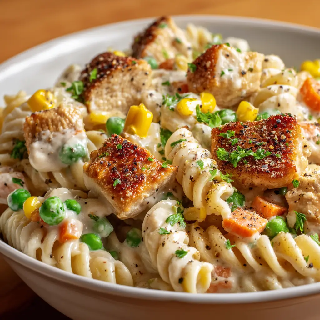 A close-up overhead shot of a spoonful of chicken and vegetable pasta, highlighting the creamy sauce and tender ingredients.
