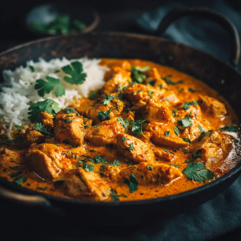 A close-up shot of the creamy chicken curry simmering in a pan, showing tender pieces of chicken in a rich, orange-hued sauce.