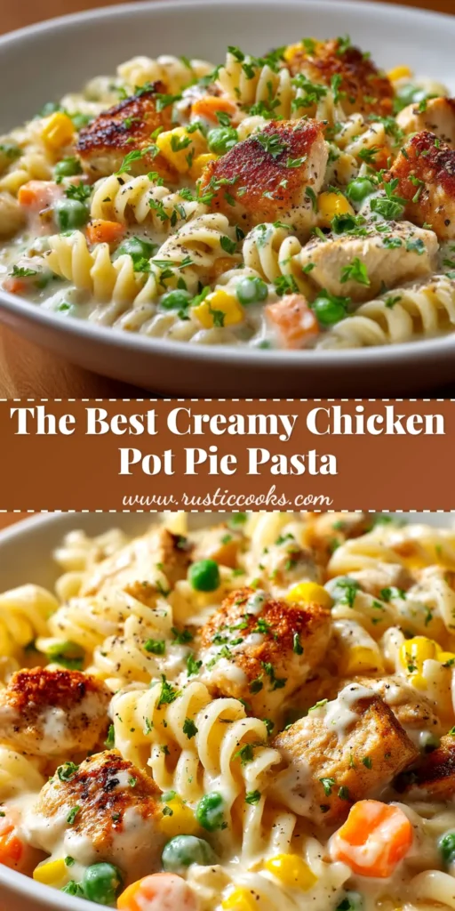 A bowl of creamy chicken pot pie pasta, garnished with fresh parsley. The perfect one-pot comfort food dinner idea.