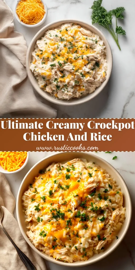 A top-down view of creamy and cheesy Crockpot Chicken and Rice in a white bowl, garnished with fresh parsley. The perfect easy slow cooker dinner idea.