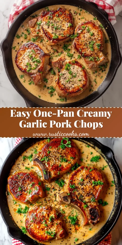 A skillet full of Creamy Garlic Pork Chops, with a rich cream sauce and garnished with fresh parsley. A truly decadent and easy weeknight dinner recipe.