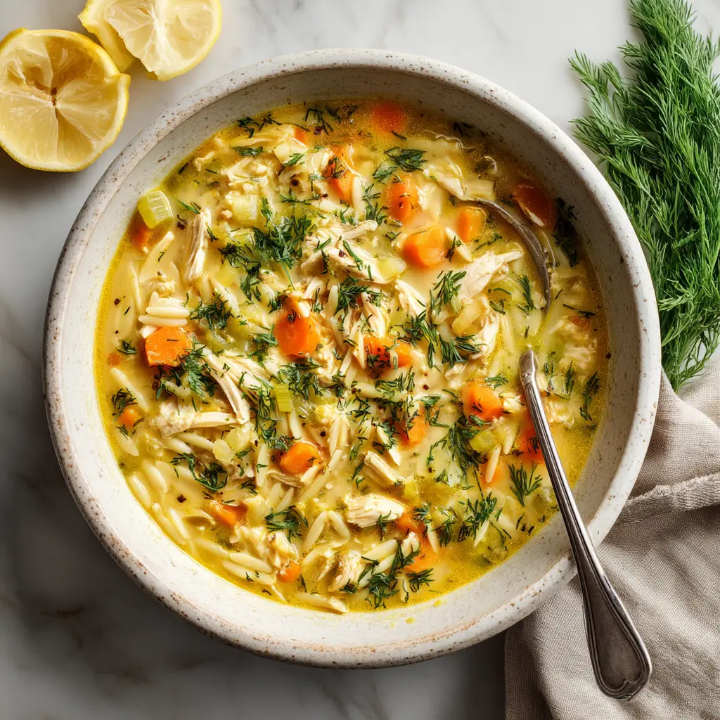 Greek Lemon Chicken Soup (Authentic Avgolemono) 2 An overhead view of a bowl of creamy avgolemono soup, showcasing the rich texture and fresh dill garnish.