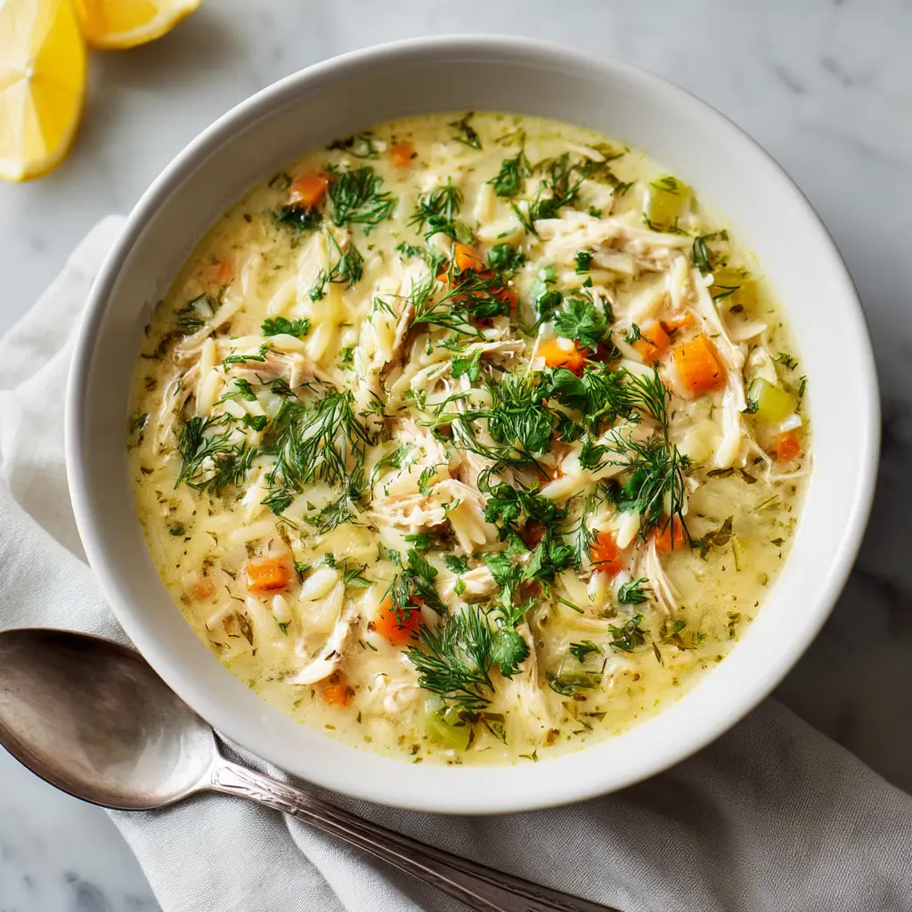 A close-up, top-down view of a bowl of creamy avgolemono soup, showing the silky texture of the broth with chicken and orzo.