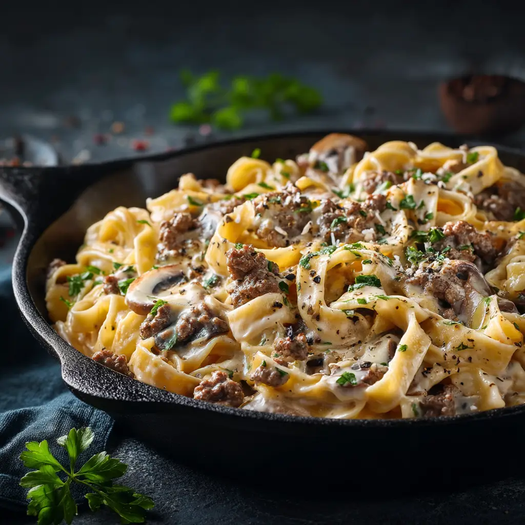 An extreme close-up of creamy fettuccine alfredo with ground beef, showing the texture of the homemade sauce clinging to the pasta.