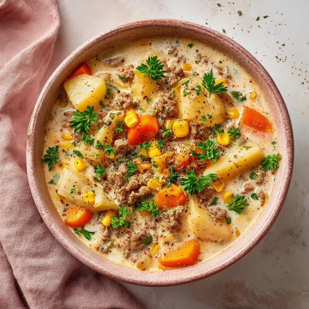 An overhead close-up shot of the ground beef potato soup in a pot, showing the texture of the tender potatoes and savory beef.
