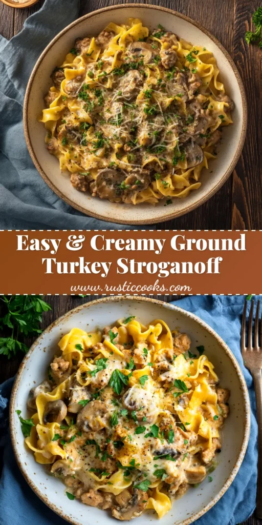 Ground Turkey Stroganoff: A Quick & Creamy Weeknight Delight 3 A large white bowl filled with creamy ground turkey stroganoff served over egg noodles, garnished with fresh parsley. The perfect quick and healthy weeknight dinner.