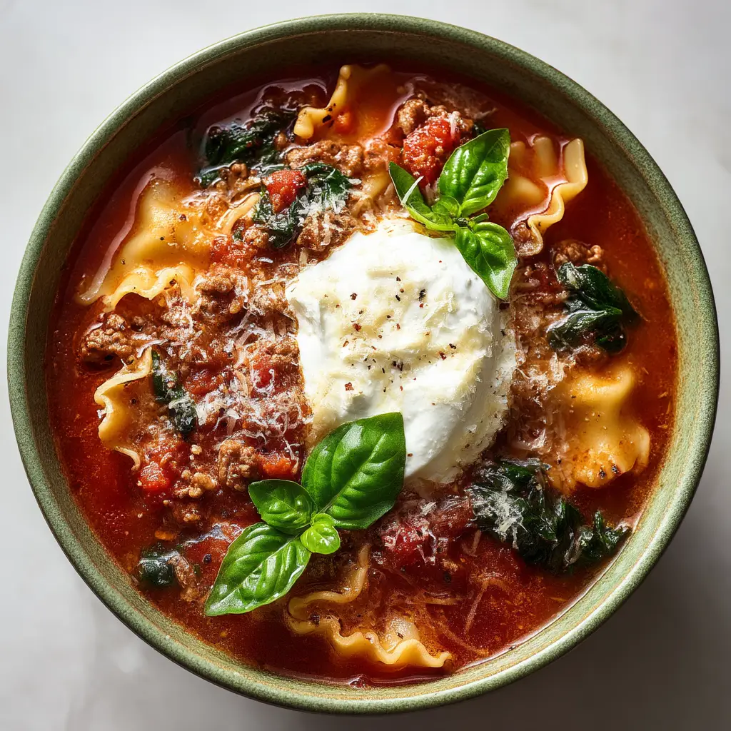 An extreme close-up of creamy lasagna soup in a rustic sage green bowl, showing the texture of the ground beef and pasta.