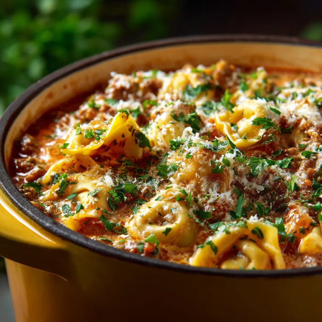 An extreme close-up of creamy lasagna soup in a rustic mustard yellow bowl, showing the texture of the rich tomato broth and pasta.