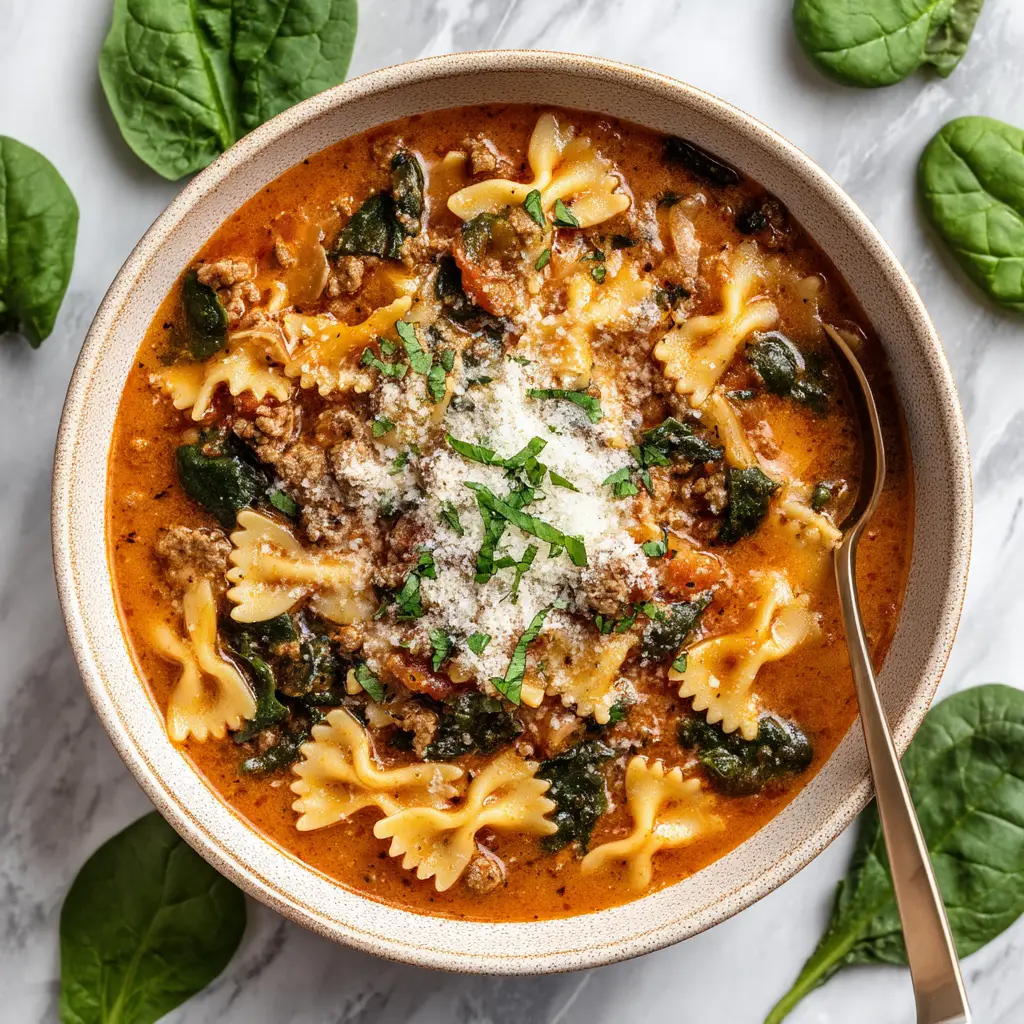 A Dutch oven filled with simmering Lasagna Soup on a stovetop, showing the rich tomato broth and sausage. The creamy lasagna soup is ready to be served.