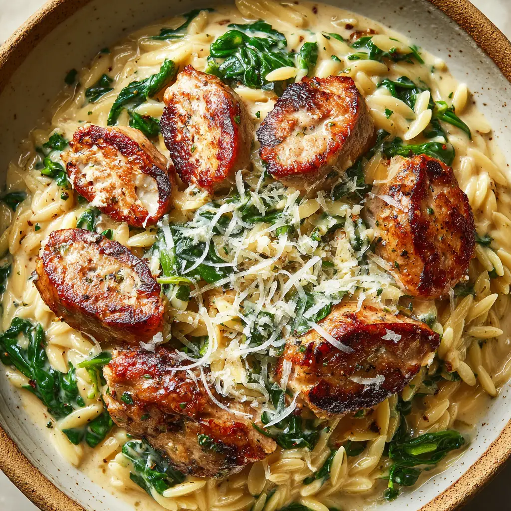 A close-up overhead shot of a rustic bowl filled with creamy orzo with sausage and spinach, showing the texture of the dish.