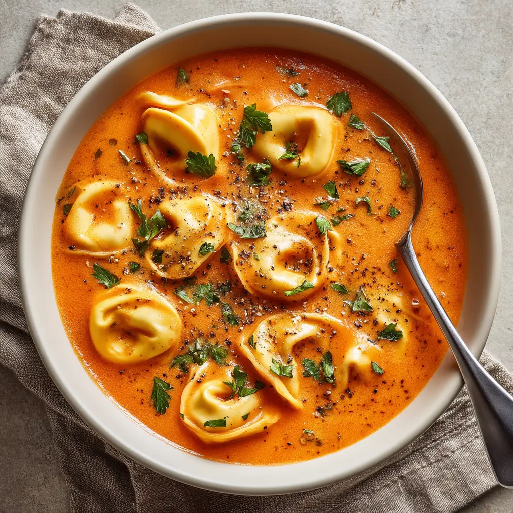 A close-up, eye-level shot of creamy tortellini soup in a rustic bowl. The texture of the creamy broth, pieces of Italian sausage, and wilted spinach are clearly visible.