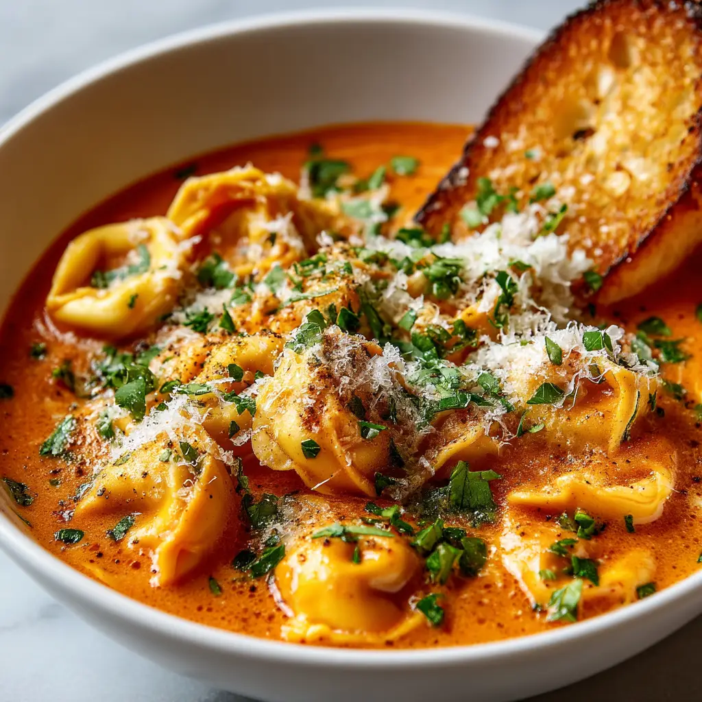 A close-up view of a spoonful of creamy tortellini soup, showing the cheese tortellini and bits of Italian sausage in a rich, creamy broth.