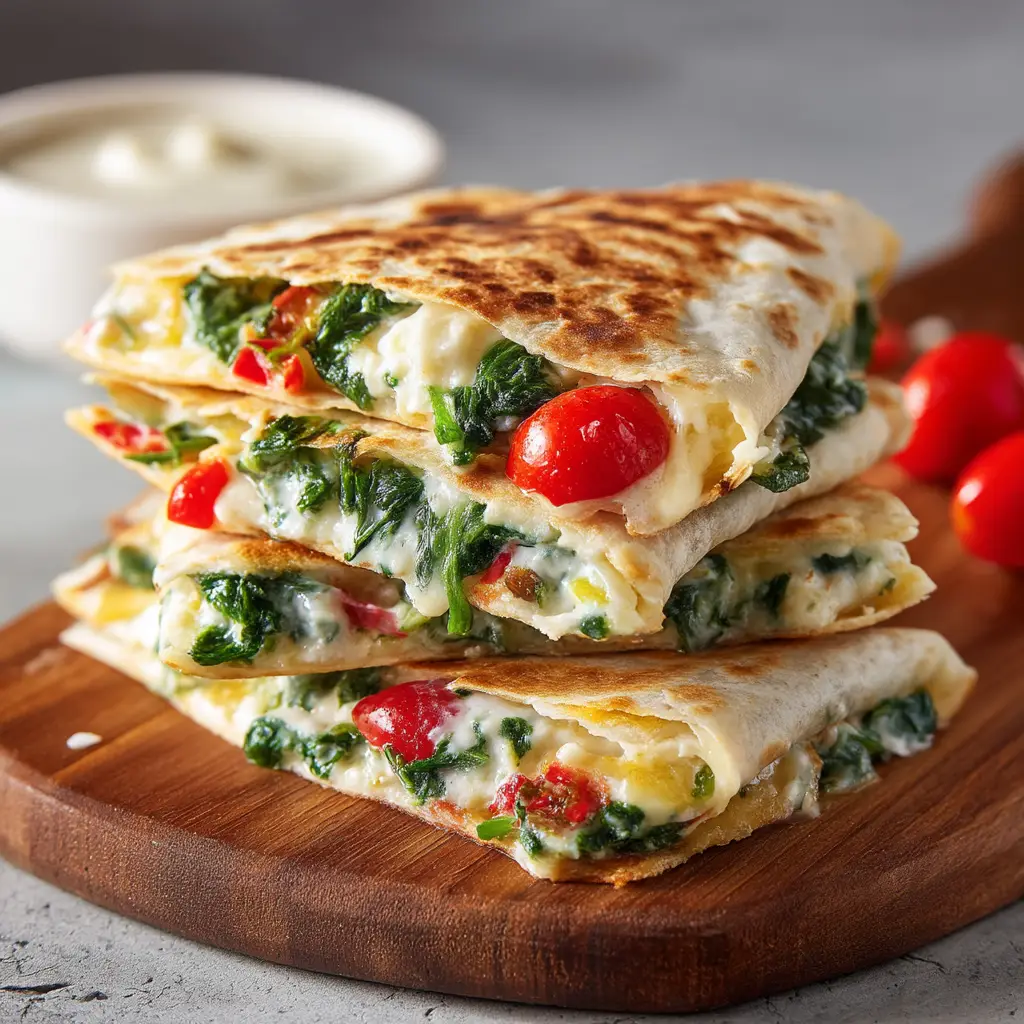 Mediterranean Quesadilla: A Quick & Flavorful Recipe 2 A stack of golden-brown Greek quesadilla wedges, perfectly grilled and showing the delicious melted cheese and spinach filling.
