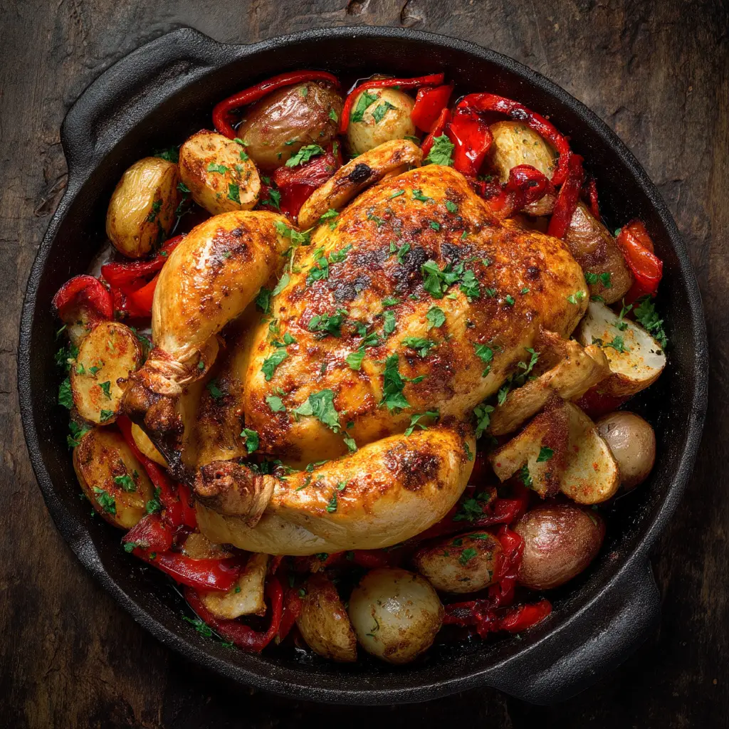 Close-up shot of crispy paprika chicken skin, highlighting the texture and seasoning of the roasted chicken.