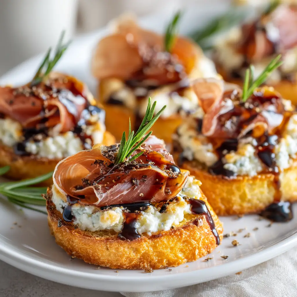 A macro shot of crispy prosciutto appetizer cups arranged elegantly on a white platter. Each cup is filled with creamy whipped ricotta.
