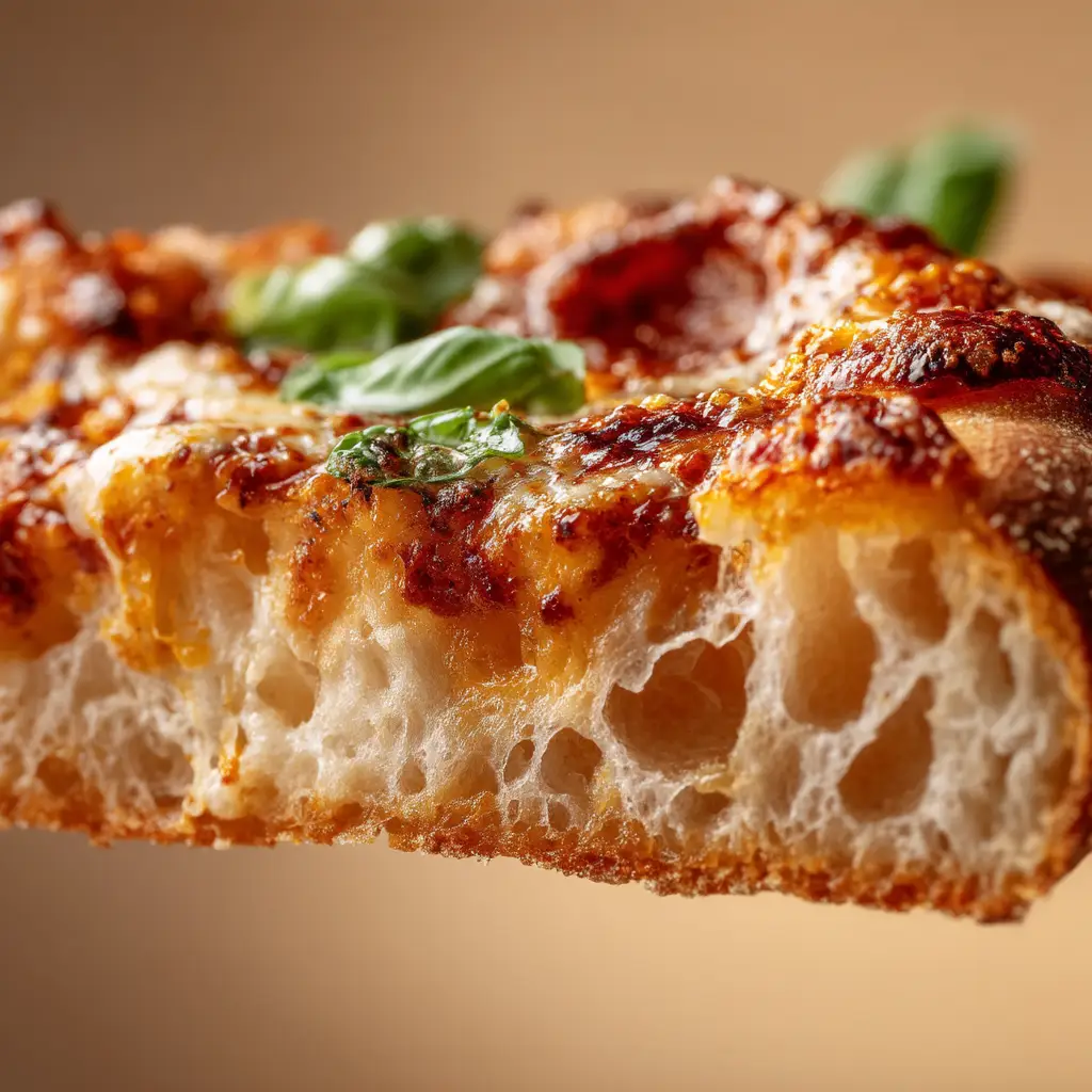 An extreme close-up of a single slice of sourdough discard pizza, showing the crispy, airy texture of the crust's edge and melted cheese.
