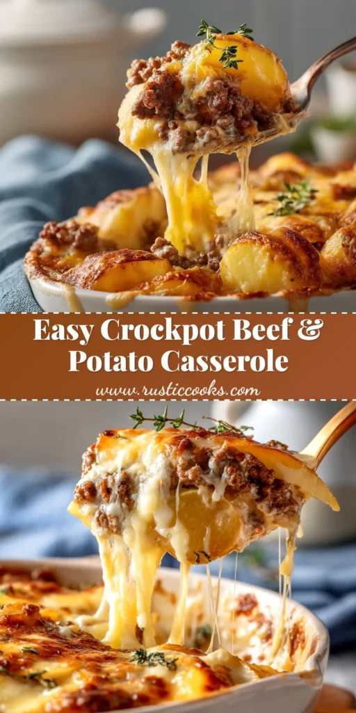 A delicious bowl of crockpot ground beef and potato casserole, topped with melted cheese and fresh parsley. The perfect one-pot comfort meal.