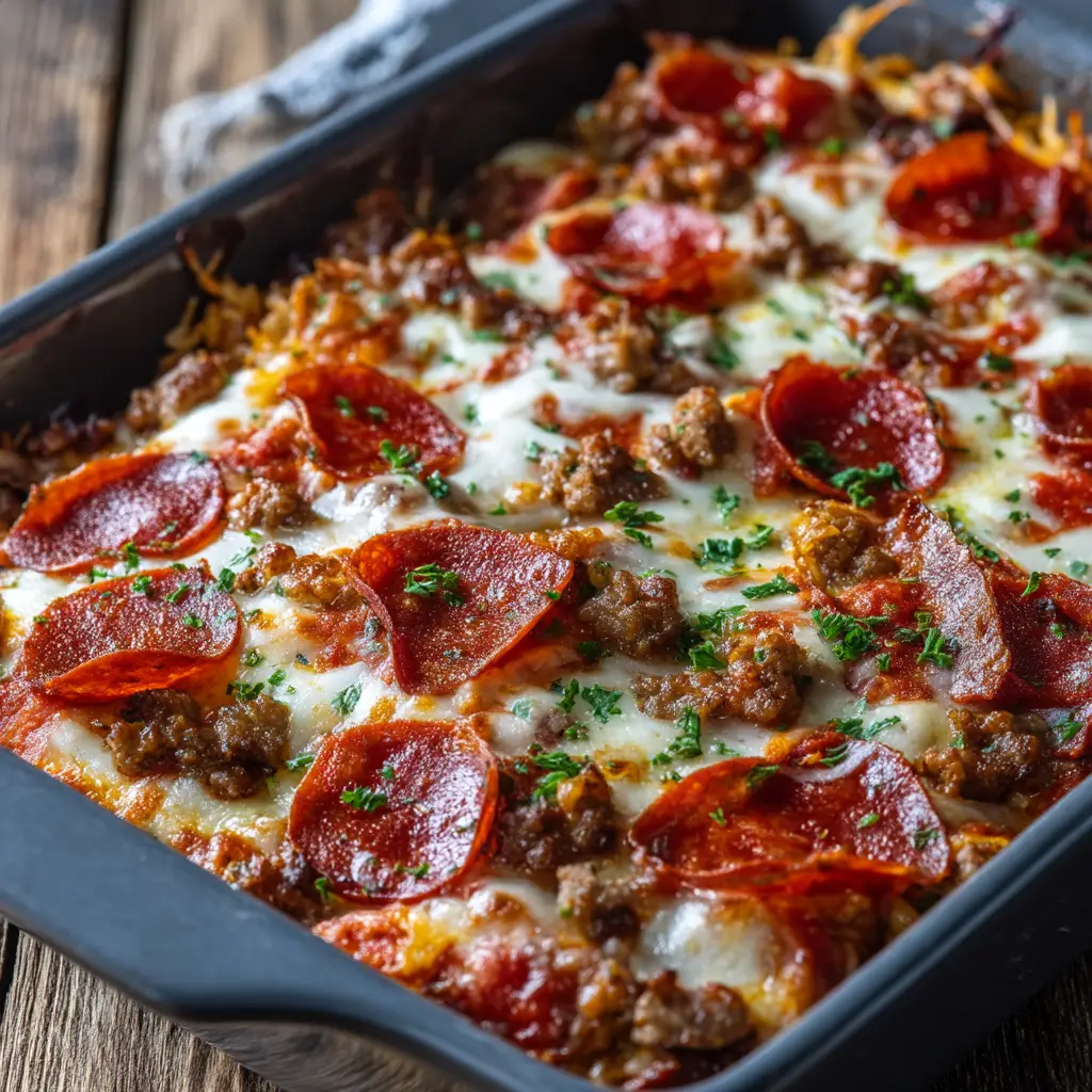 The finished crustless pizza casserole in its baking dish, garnished with fresh basil. This shows the final result of the easy keto dinner recipe before serving.