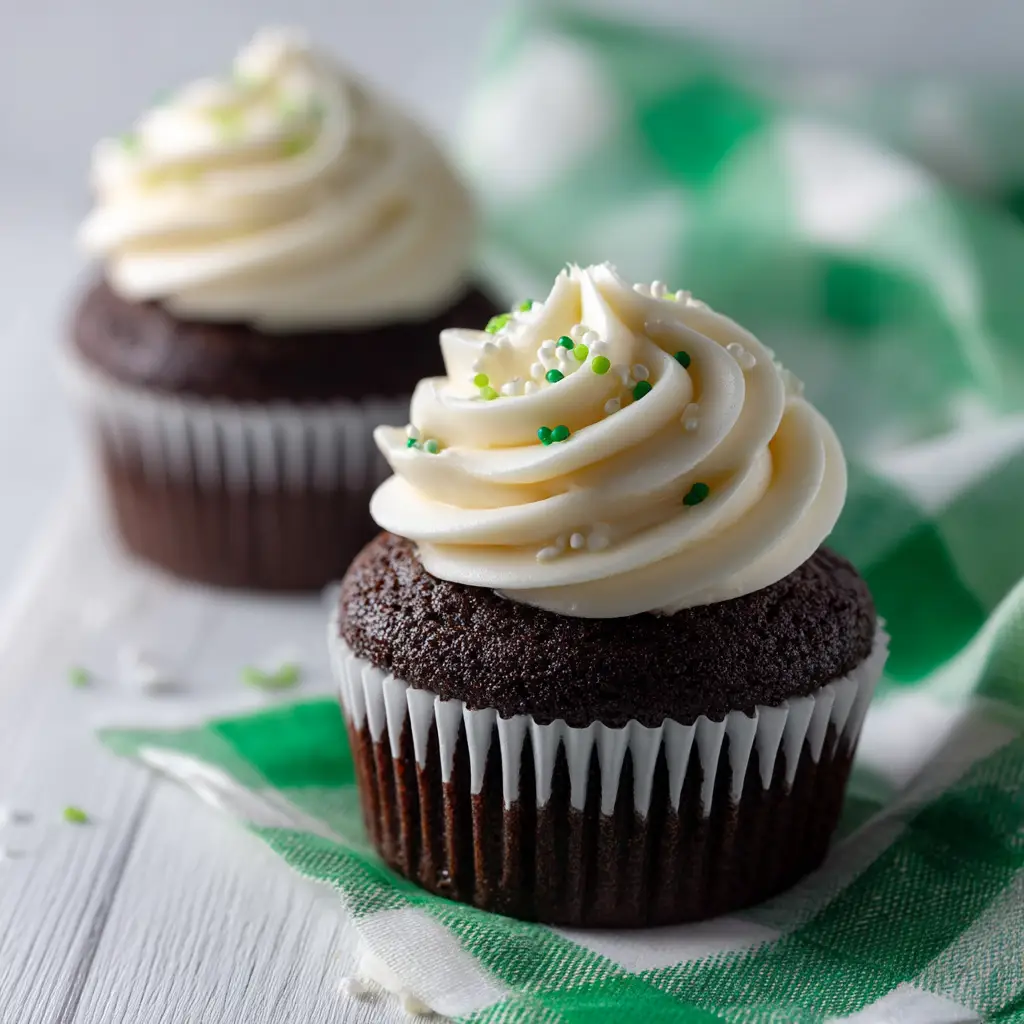 A detailed photo of two Irish cupcakes with swirls of Baileys frosting being piped on top.