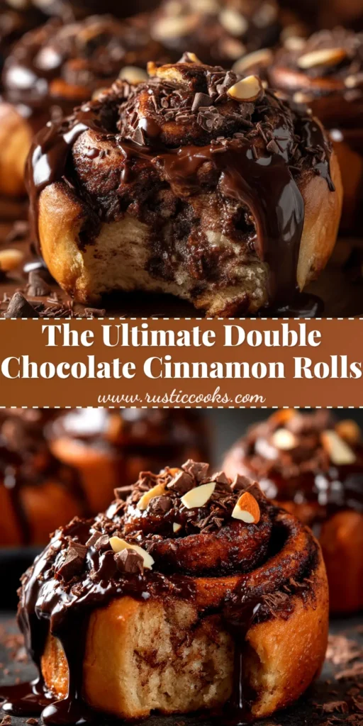 A pan of freshly baked Double Chocolate Cinnamon Rolls, generously topped with a creamy white frosting and gooey melted chocolate.