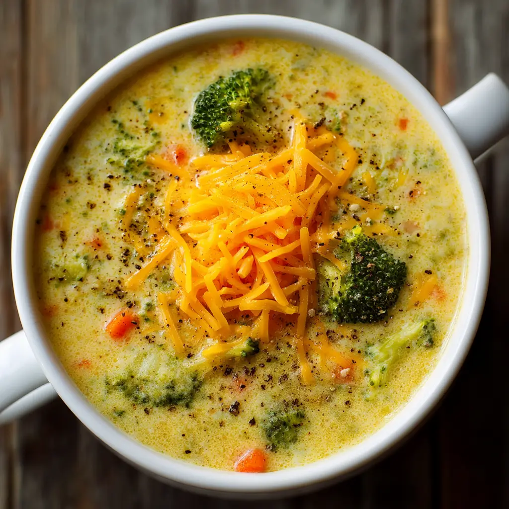 A different angle of the easy broccoli cheese soup, with a spoon dipping in to show the consistency. Perfect for a comforting dinner.