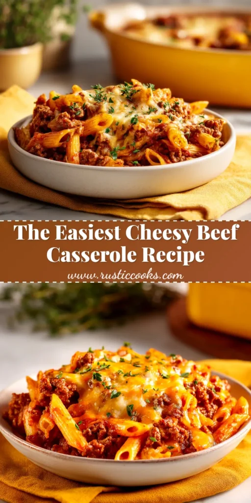 Ground Beef Casserole: The Ultimate Cheesy Comfort Meal 4 A delicious and cheesy Ground Beef Casserole in a white baking dish, ready to be pinned. A perfect weeknight dinner idea.