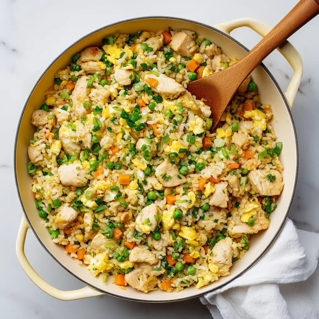 A close-up view of a spoonful of gluten-free chicken fried rice, highlighting the perfect texture of the rice and chicken.