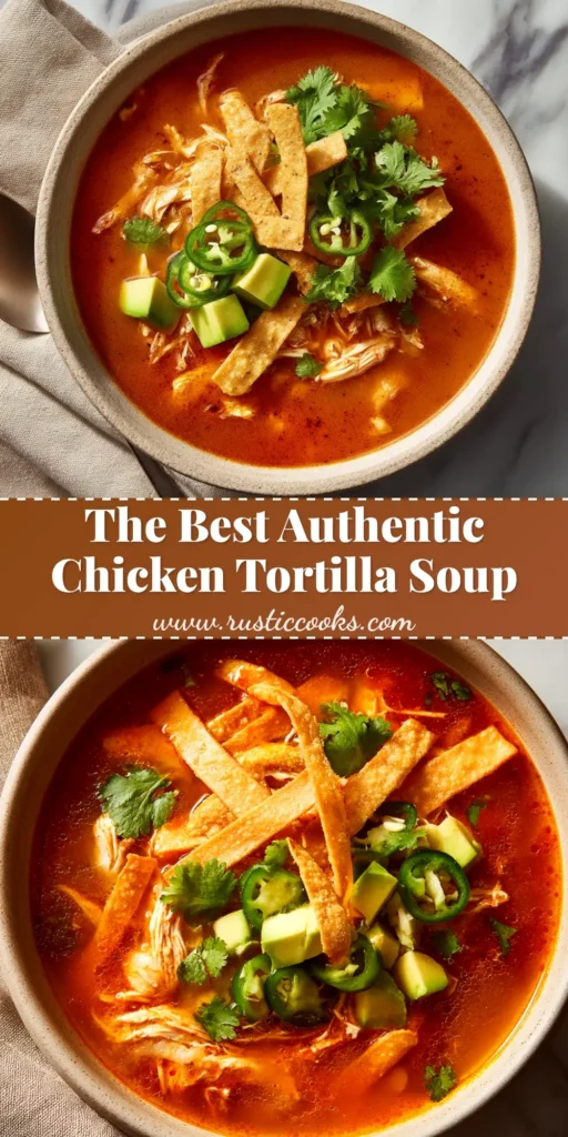 Chicken Tortilla Soup: The Ultimate Comfort Recipe 3 A vibrant bowl of easy chicken tortilla soup, garnished with crispy tortilla strips, fresh avocado slices, cilantro, and a lime wedge on the side.