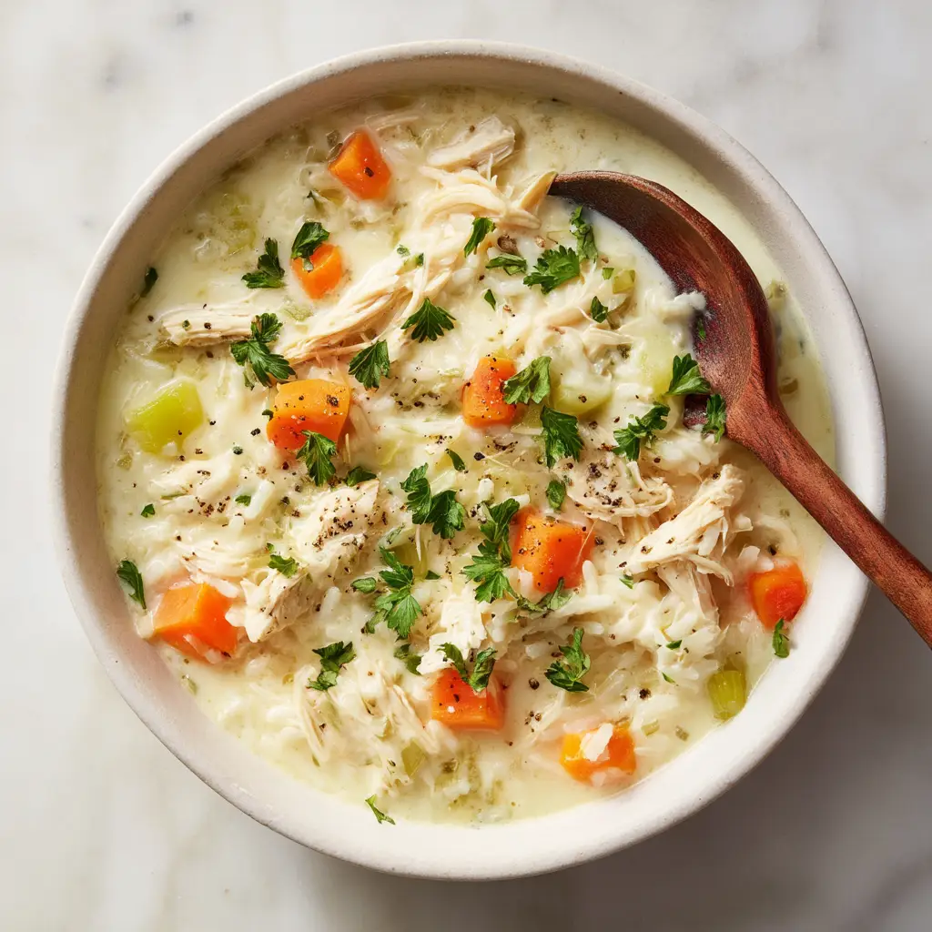 A close-up spoonful of creamy chicken and rice soup, highlighting the tender chicken, rice, and creamy texture.
