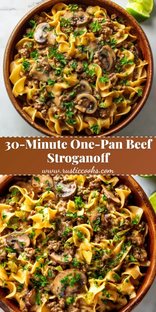 Ground Beef Stroganoff (The Ultimate 30-Minute Recipe) 3 A large white bowl filled with creamy Ground Beef Stroganoff over egg noodles, garnished with fresh parsley. The perfect 30-minute weeknight dinner.