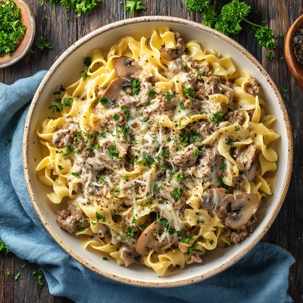Ground Turkey Stroganoff: A Quick & Creamy Weeknight Delight 1 A spoonful of easy ground turkey stroganoff being lifted from a bowl, highlighting the tender ground turkey and mushrooms coated in sauce.