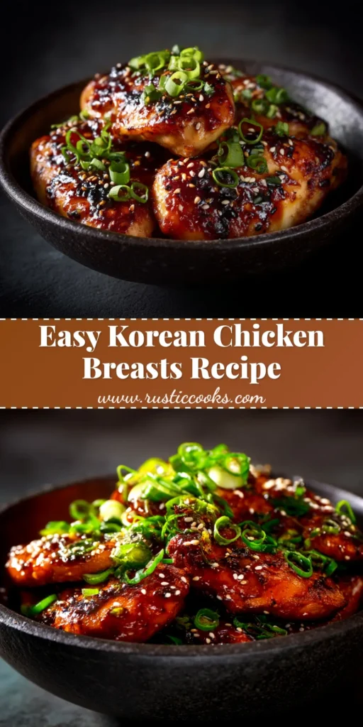 A close-up shot of perfectly cooked Korean Chicken Breasts, glistening with a sweet and spicy gochujang glaze, garnished with sesame seeds and fresh green onions.
