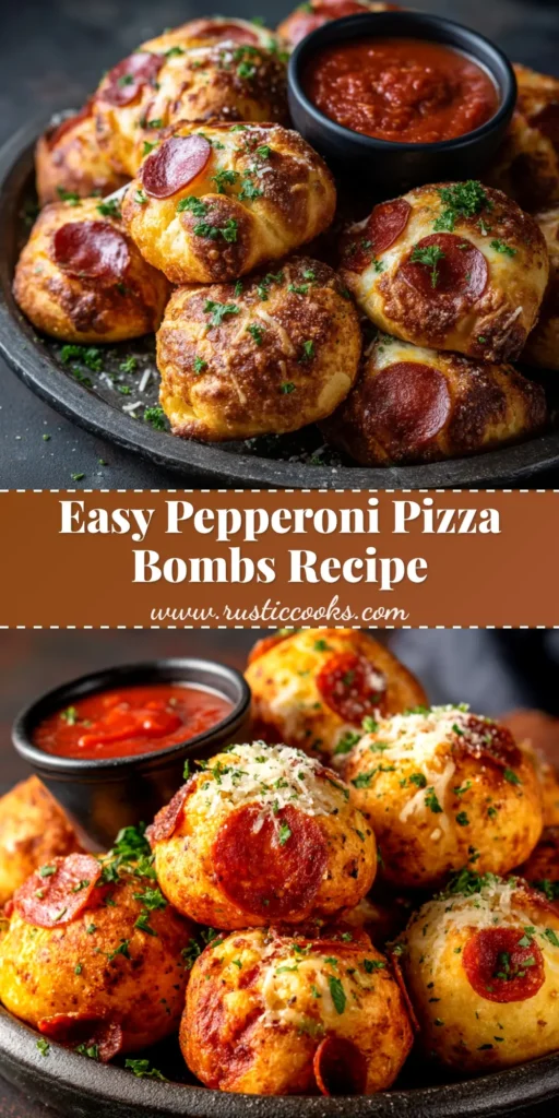 A close-up shot of golden-brown pepperoni pizza bombs arranged on a serving platter with a side of marinara sauce for dipping. The title 'Easy Pepperoni Pizza Bombs' is overlaid.