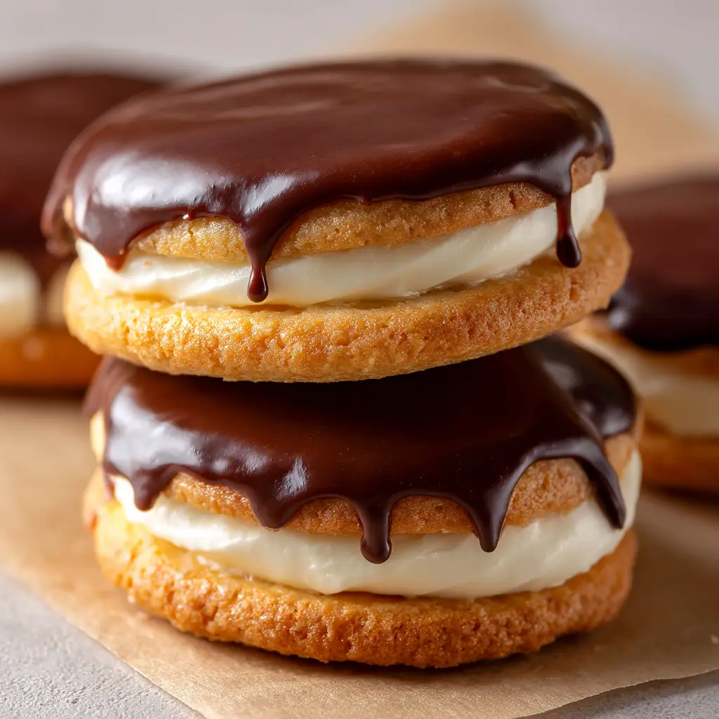 A trio of perfectly assembled Boston Cream Pie Cookies on a plate, ready to be served. The vanilla cream cookies are topped with a shiny chocolate glaze.