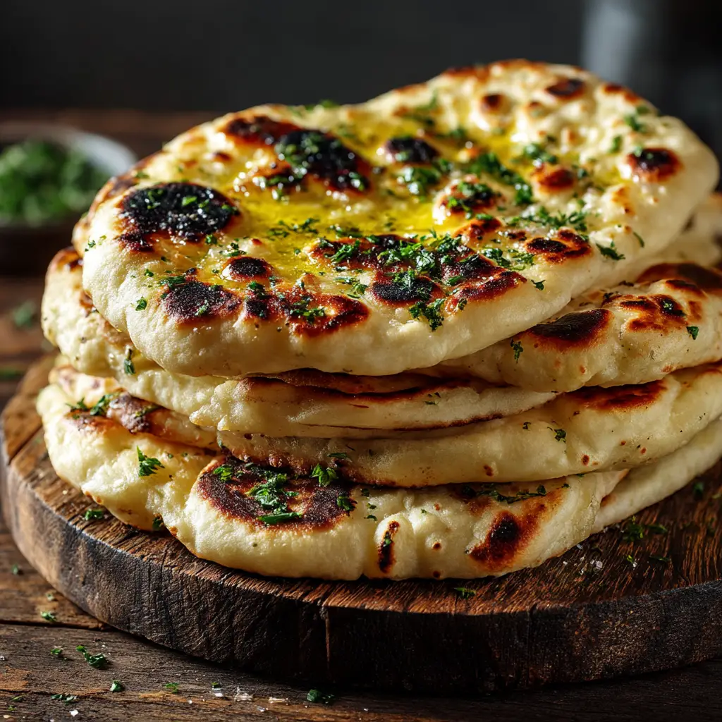 Sourdough Discard Naan Recipe (Fluffy & Chewy) 2 A close-up shot of freshly cooked, fluffy naan bread made with sourdough discard, showing its soft, bubbly texture.