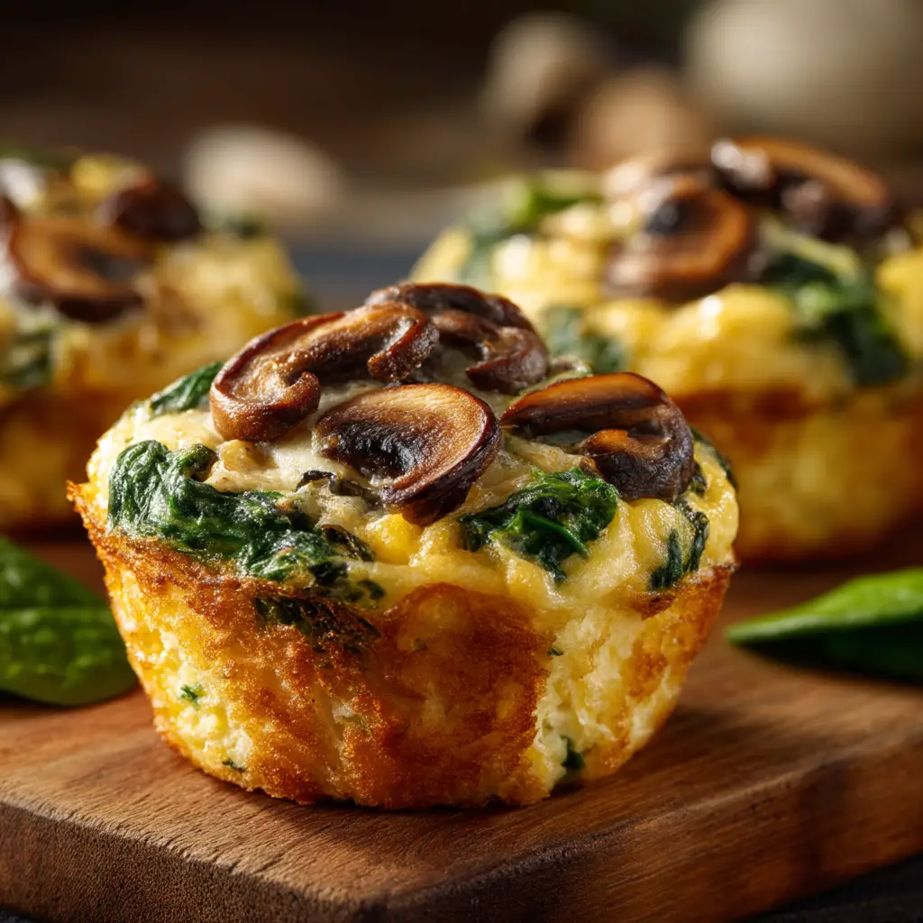 Spinach and Mushroom Quiche Muffins: The Perfect Savory Bite 1 A close-up of a single spinach and mushroom quiche muffin, showing the fluffy egg texture and savory filling.
