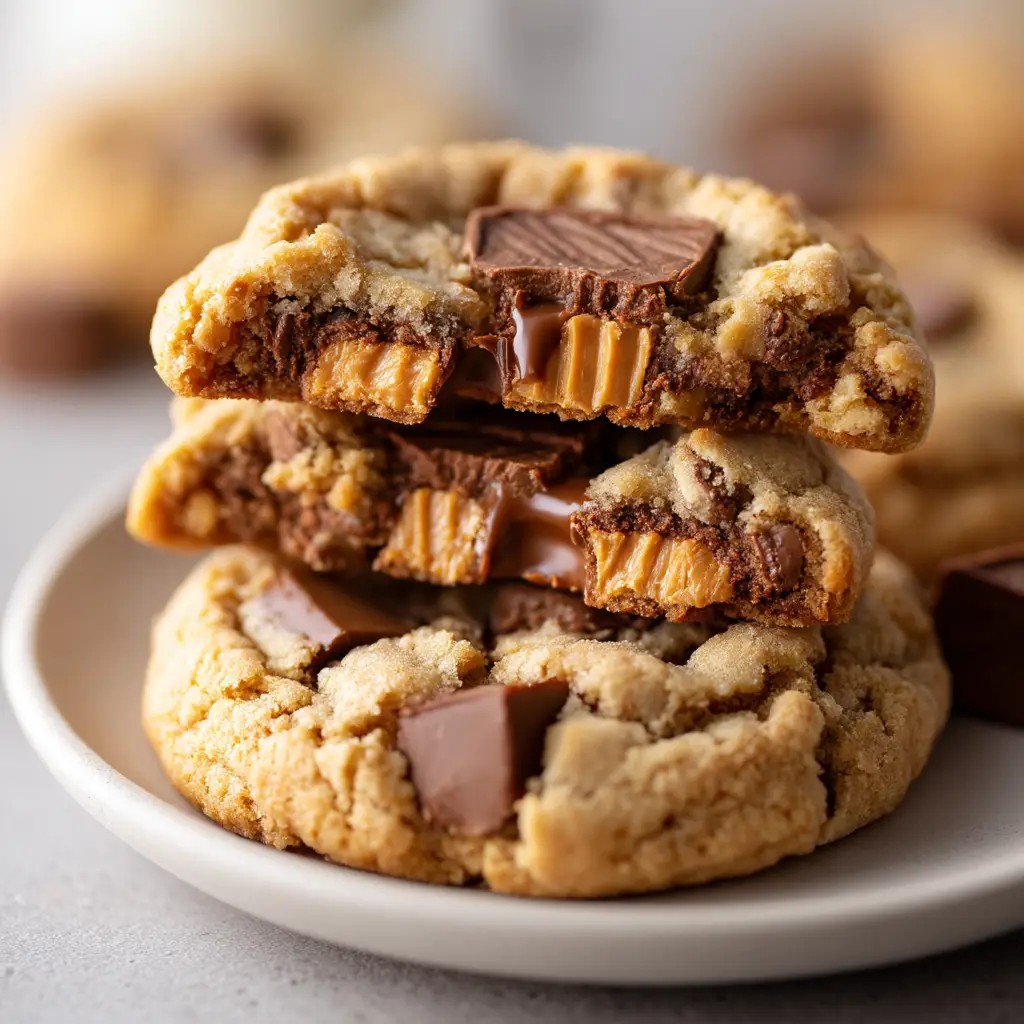 A batch of freshly baked Triple Reese's Peanut Butter Cookies cooling on a wire rack, with mini Reese's cups pressed into the centers.