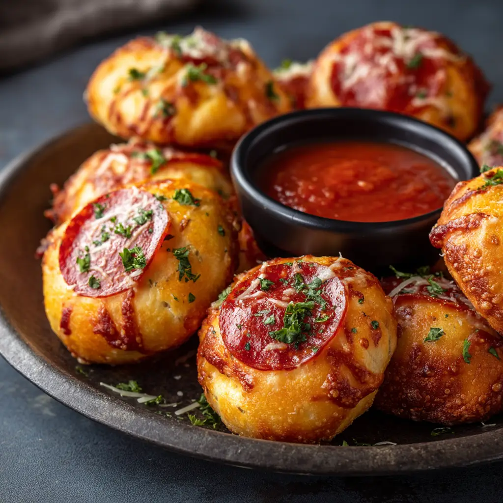 A pile of freshly baked pepperoni pizza bombs on a rustic wooden board, showing their golden crust topped with herbs.