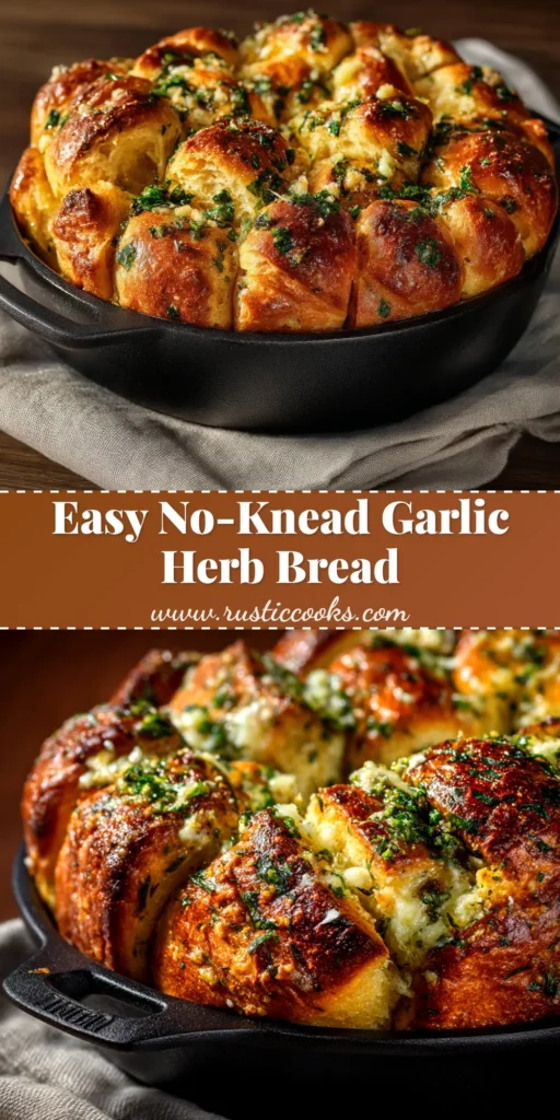 A golden-brown, crusty loaf of Garlic Herb Dutch Oven Bread on a wooden board, with one slice cut to show the airy crumb.