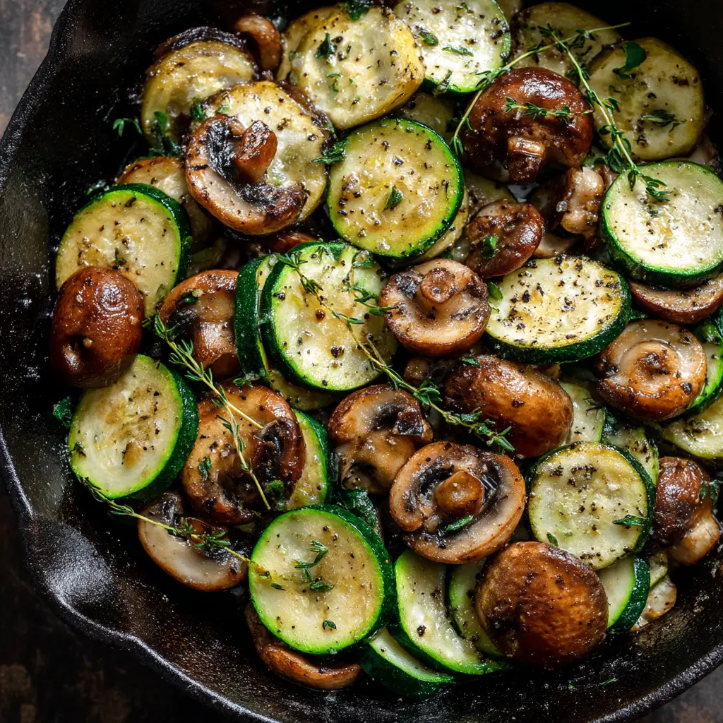A close-up overhead shot showing the texture of garlic sautéed mushrooms and zucchini in a rustic pan.