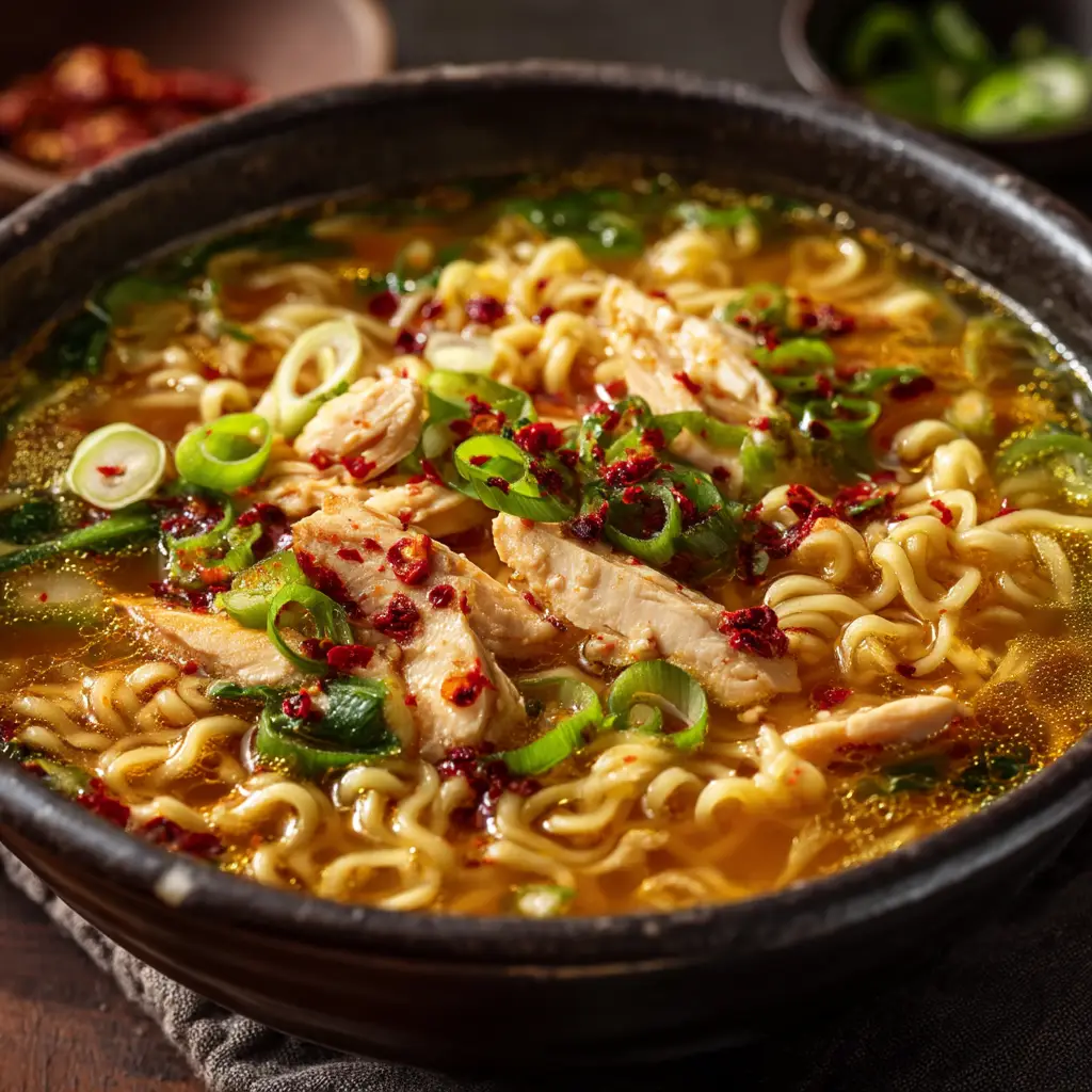 A spoonful of homemade chicken noodle soup featuring ginger and turmeric, showcasing the golden color of the broth and tender pieces of chicken and noodles.