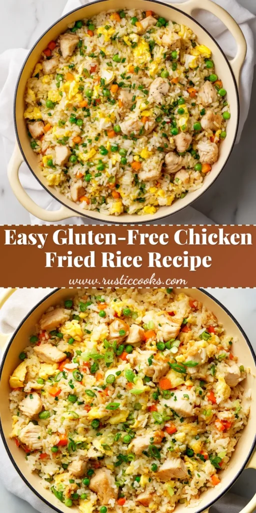 A delicious bowl of homemade gluten-free chicken fried rice, packed with chicken, peas, and carrots. The perfect easy weeknight dinner idea.