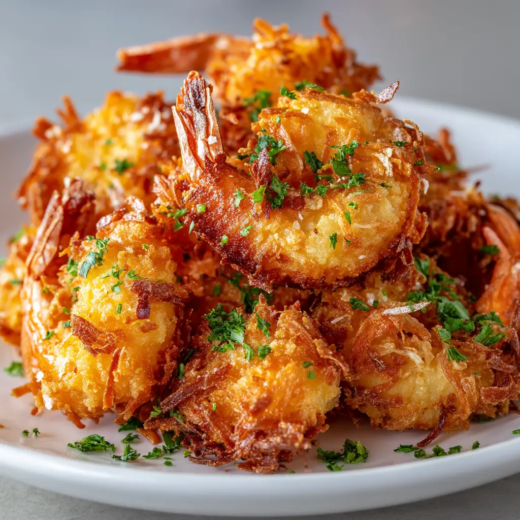 An extreme close-up of golden brown fried shrimp, highlighting the crunchy texture of the panko and coconut breading. The result of the best fried shrimp recipe.