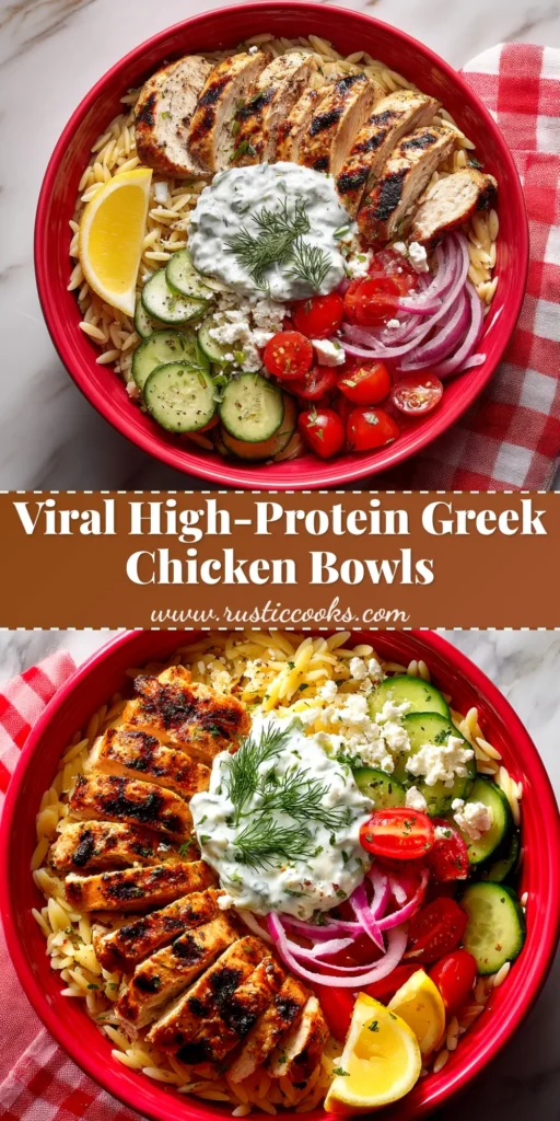 Greek Chicken Bowls (Easy & Flavorful!) 3 An overhead shot of vibrant Greek chicken bowls, with perfectly grilled chicken, fresh tomatoes, cucumbers, olives, and a dollop of creamy tzatziki sauce.