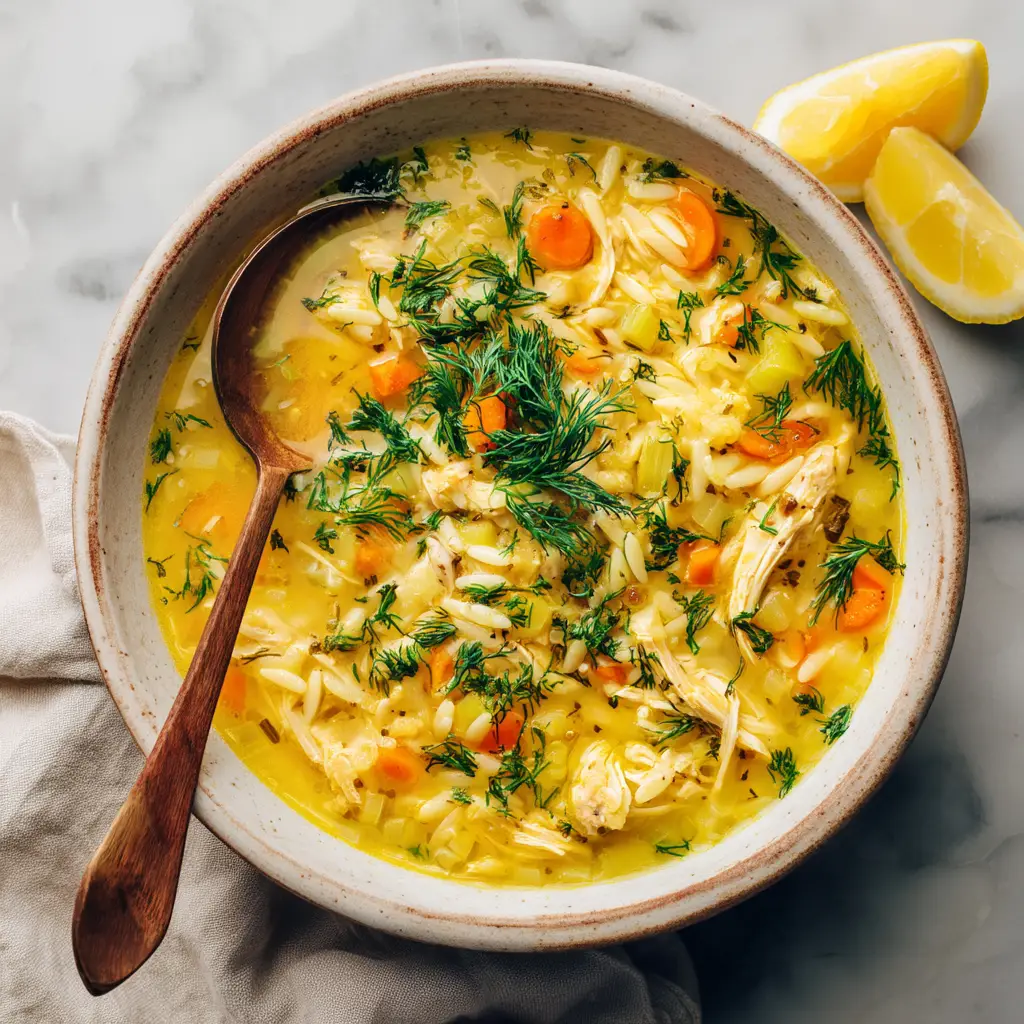 Greek Lemon Chicken Soup (Authentic Avgolemono) 1 A close-up shot of the ingredients for Greek Lemon Chicken Soup, including fresh lemons, eggs, and orzo.