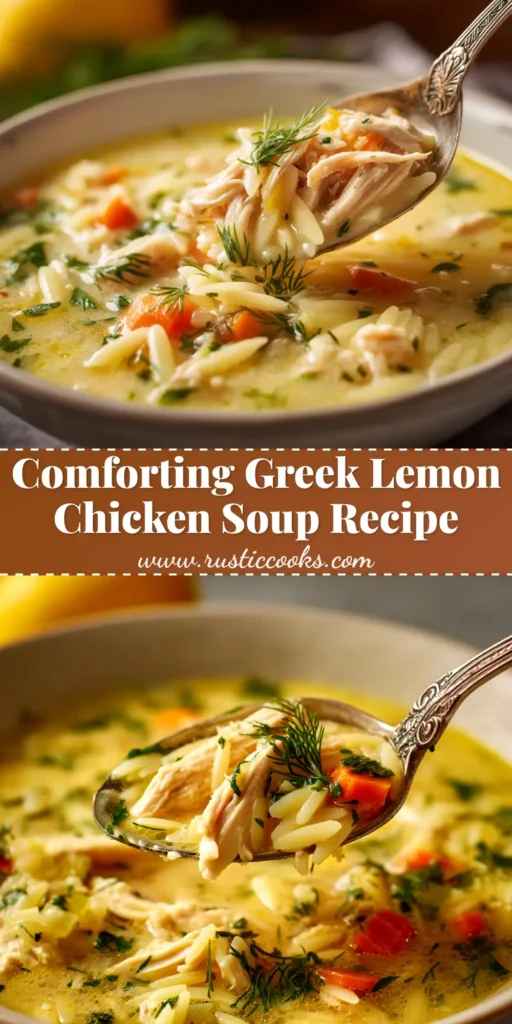 A beautiful bowl of authentic Greek Lemon Chicken Soup (Avgolemono), garnished with fresh dill. A comforting and easy recipe.