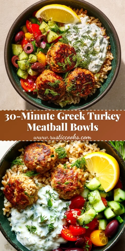 Greek Turkey Meatball Bowls: A Quick & Healthy Meal 3 An overhead shot of Greek Turkey Meatball Bowls, with juicy meatballs, fresh cucumber salad, and creamy tzatziki sauce over a bed of quinoa.